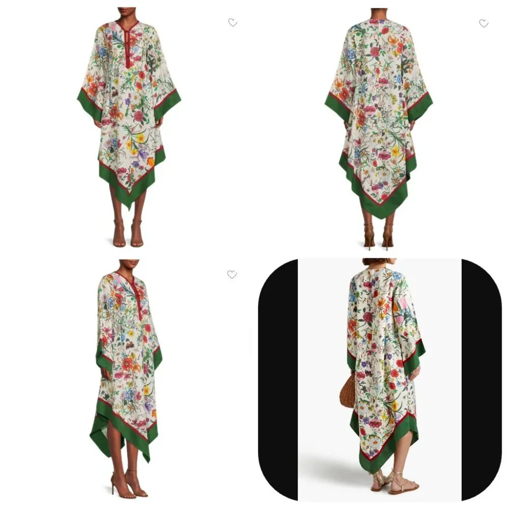 Authentic Gucci Ivory Grosgrain-trimmed paneled asymmetric floral Kaftan Dress